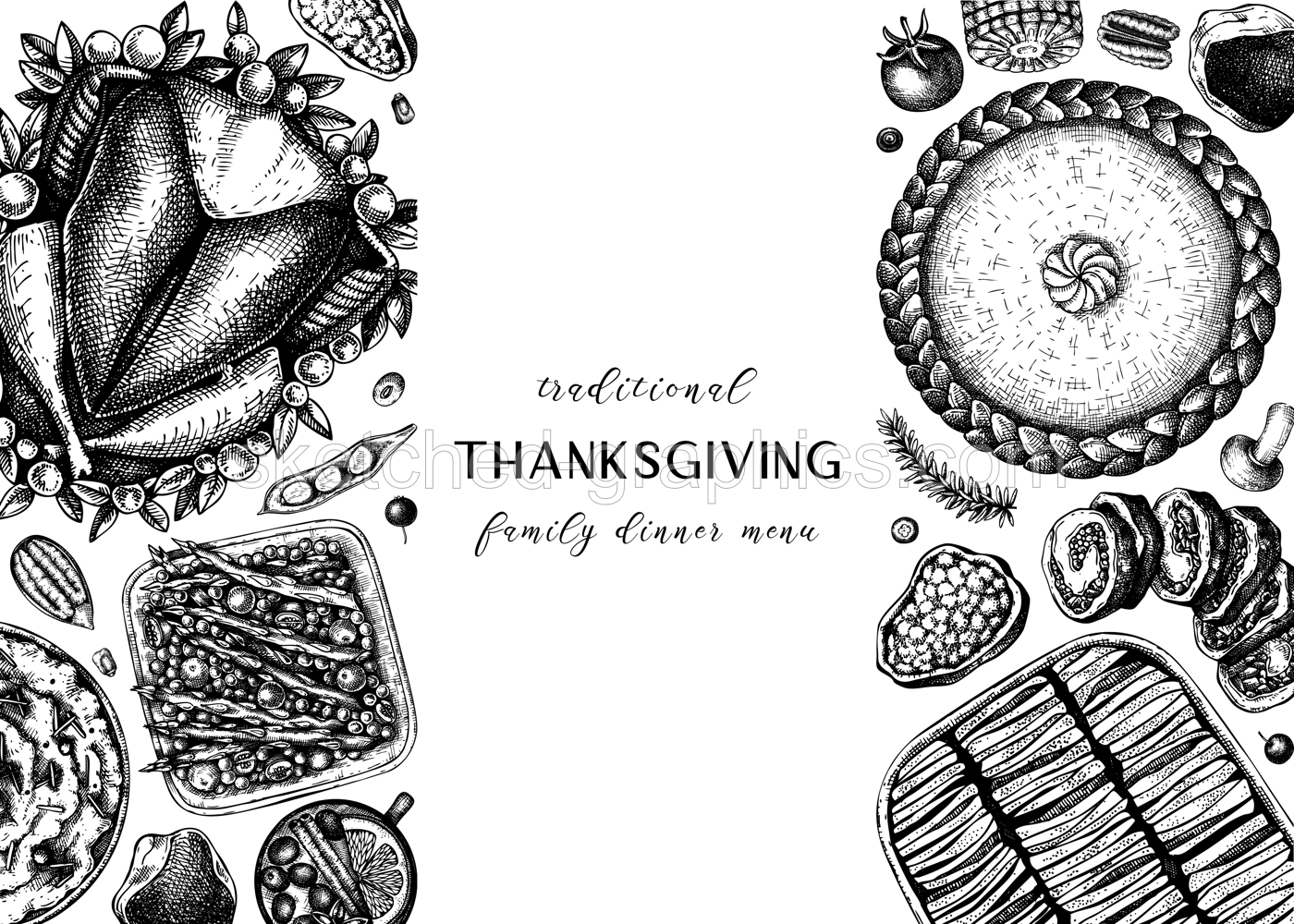 Thanksgiving dinner menu design. With roasted turkey, cooked vegetables, rolled meat, baking cakes and pies sketches. Vintage autumn food frame. Vector Thanksgiving day background. Illustration